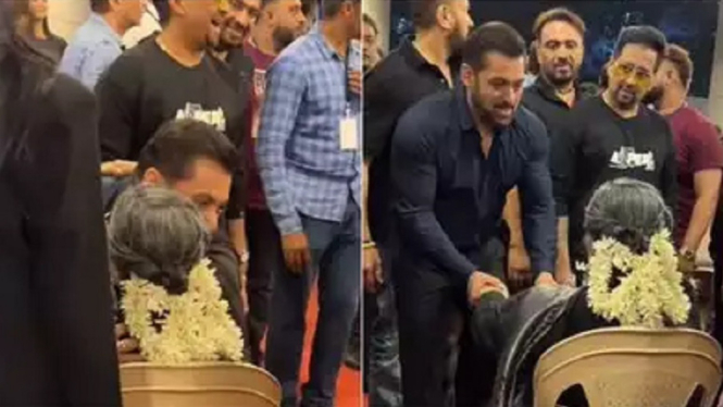 Aksi Mengharukan Salman Khan Menyentuh Kaki Penyanyi Legendaris Usha Uthup di Acara Umang 2023, Mumbai
