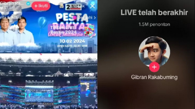 Gibran Bikin Live Streaming Kampanye Akbar 'Pesta Rakyat untuk Indonesia Maju' di TikTok Sampai Kebanjiran 57.5 Likes Dari Penonton