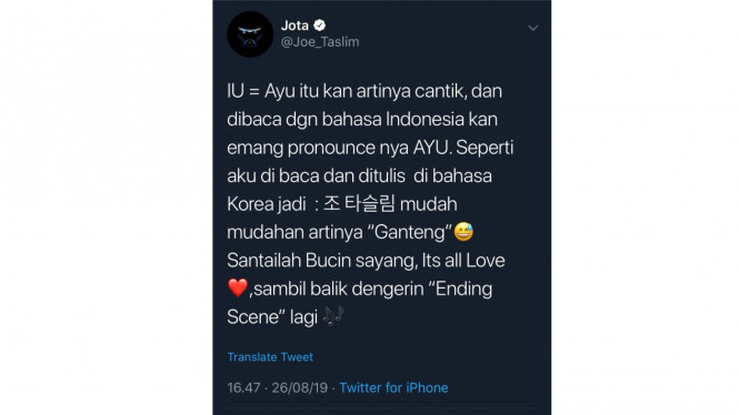 Tweet Joe Taslim bahas IU