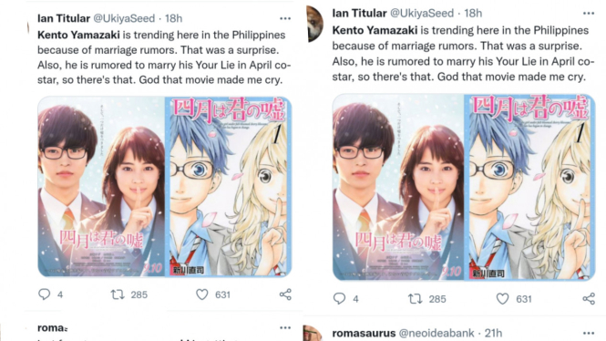 Trending di Twitter Kento Yamazaki Pemeran Live Action Akan Menikah