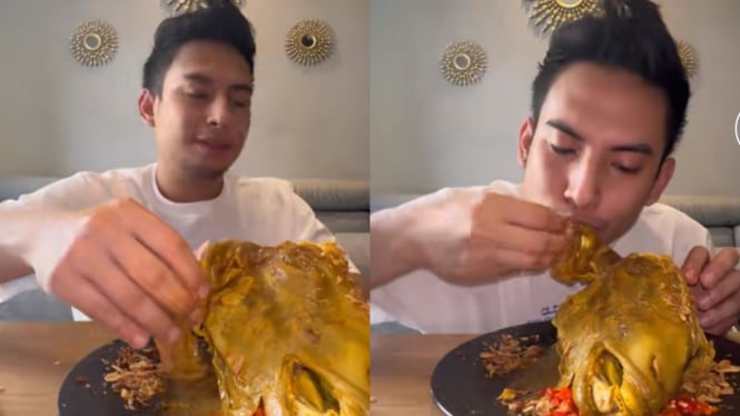 Agak Lain, Begini Momen Okin Mukbang Gulai Kepala Kambing Utuh