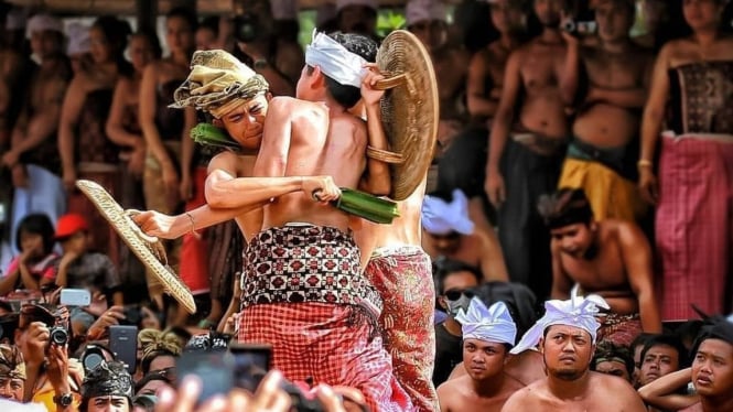 Remaja Melakukan Perang Pandan di Desa Tenganan Bali