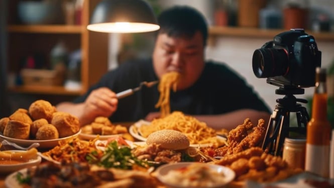 Seorang pria sedang membuat konten video makan