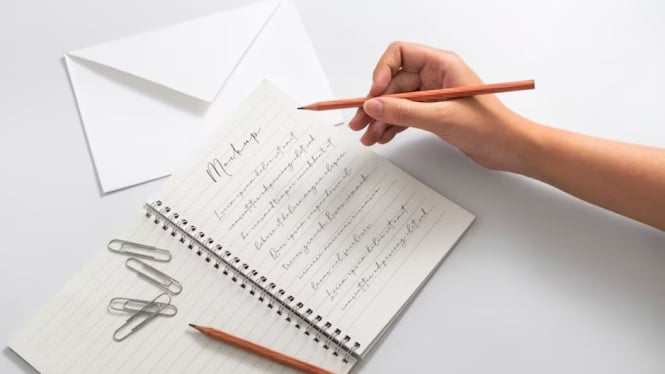 Foto orang yang menulis diatas kertas menggunakan pensil