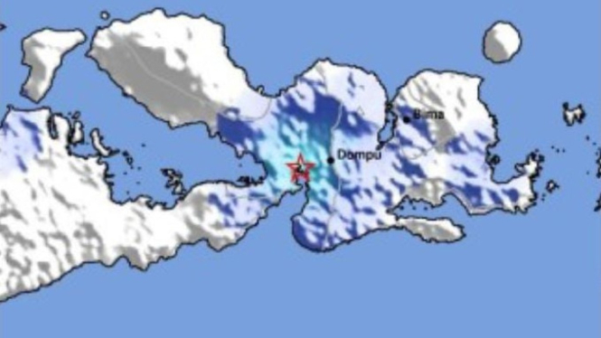 Peta titik gempa bumi M 4,8 guncang wilayah Pulau Sumbawa.