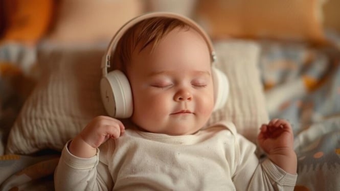 Bayi yang terlihat rilex saat mendengarkan music