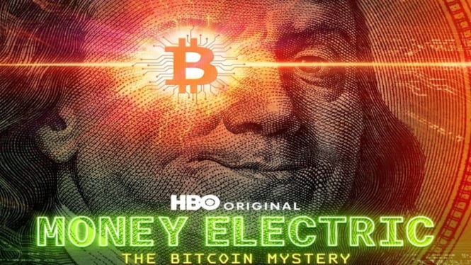 Poster film dokumenter berjudul "Money Electric: The Bitcoin Mystery".