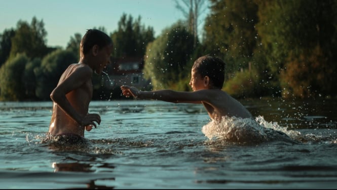 Ilustrasi anak-anak sedang mandi di pinggir sungai.