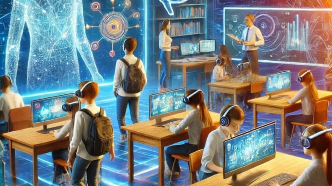 Siswa belajar dengan bantuan AI di kelas modern