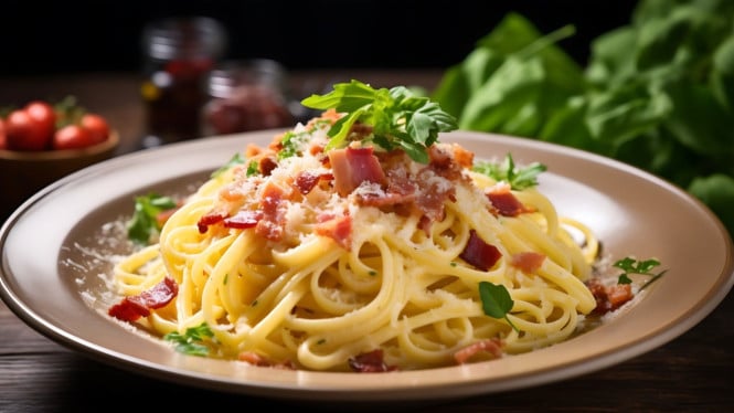 Spageti karbonara sederhana, lembut dan menggugah selera.