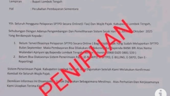 Surat Penipuan yang beredar melalui chat WhatsApp