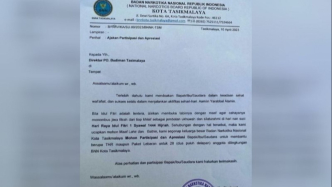 Surat BNN Kota Tasikmalaya meminta THR ke PO Bus Budiman.