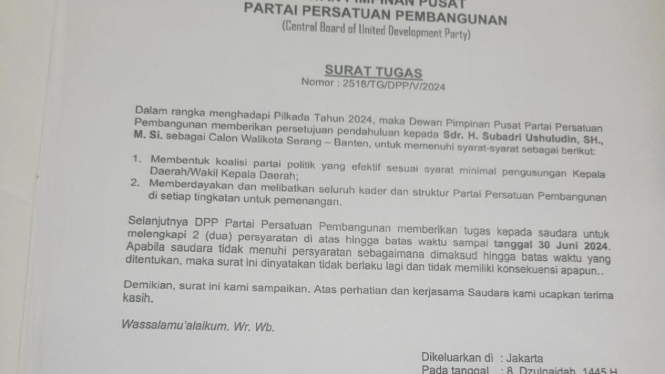 Surat Tugas DPP untuk Subadri
