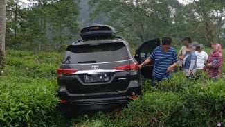 Diduga Rem Blong, Mobil Fortuner Tabrak Pajero Hingga Terjun ke Kebun Teh di Blado