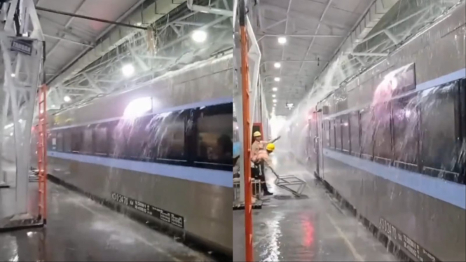 Hujan deras guyur kereta di Stasiun Purwokerto