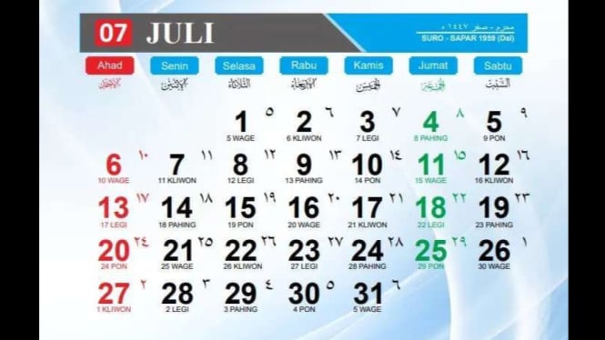 Kalender Jawa Bulan Juli 2025 Lengkap dengan Weton dan Hijriah