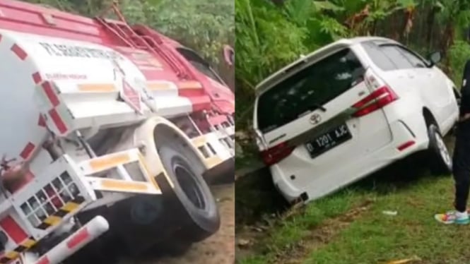 Mobil dan Truk Terperosok di Jalan Raya Tapen, Banjarnegara
