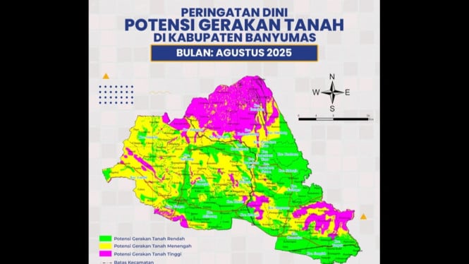 Peta zona kerentanan gerakan tanah di Kabupaten Banyumas Agustus 2025