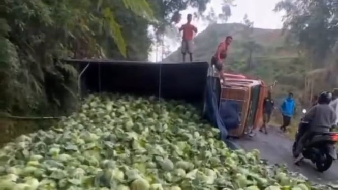 Kecelakaan truk muatan sayur di tanjakan Sikelir Wanayasa.