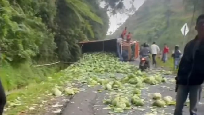 Truk Kol Terguling di Tanjakan Sikelir Wanayasa