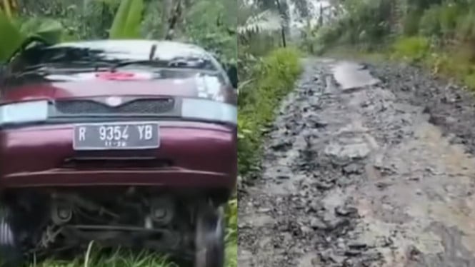 Mobil Minibus Terperosok di Jalan Desa Petuguran Punggelan