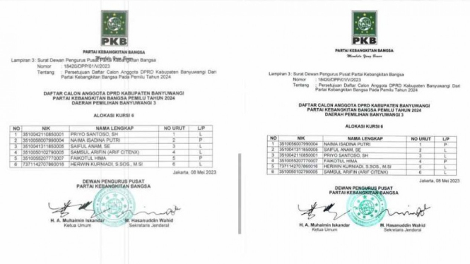 Rekam layar Surat Pengajuan Bacaleg PKB di DPRD Banyuwangi Dapil 3