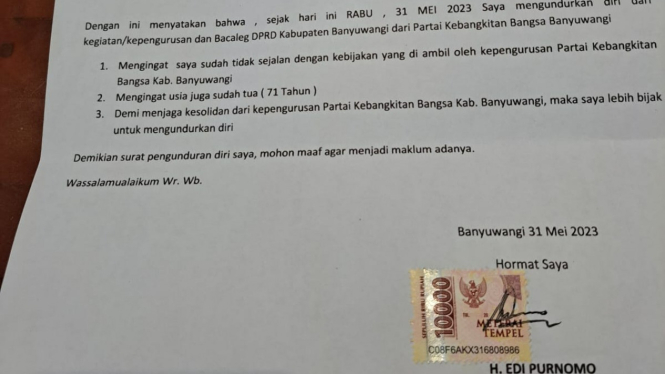 Surat pengunduran diri Bacaleg PKB Banyuwangi, H Edi Purnomo