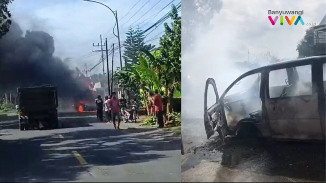 Minibus terbakar di jalan raya Banyuwangi, Desa Sraten