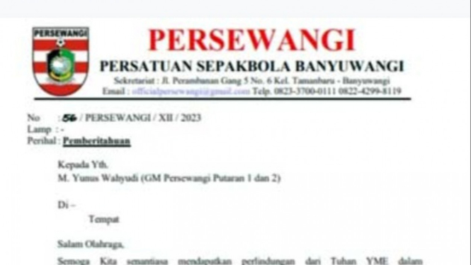 Surat resmi pemecatan General Manager persewangi Banyuwangi