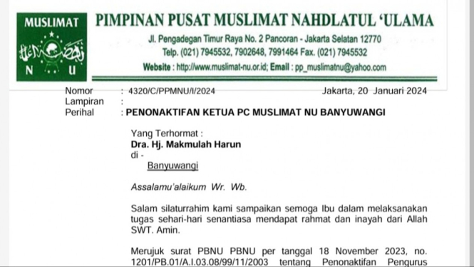 Surat pemecatan Ketua PC Muslimat NU Banyuwangi