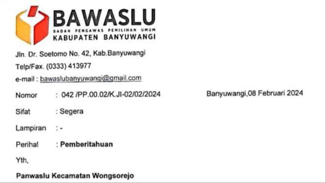 Surat pemberhentian Ketua Panwascam Wongsorejo