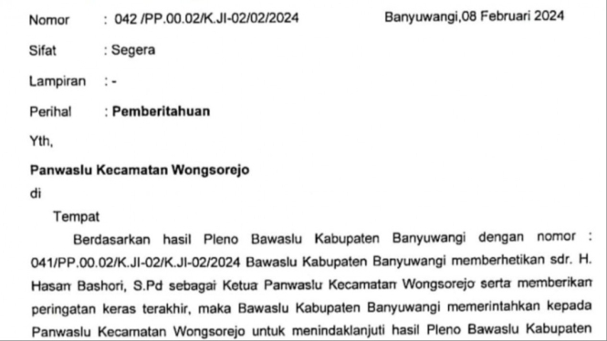 Isi surat pemberhentian sebagai Ketua Panwascam Banyuwangi