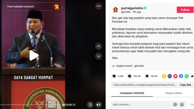 Sindir Gus Miftah? Respon TikTok Gerindra: Sudah Dilaporkan