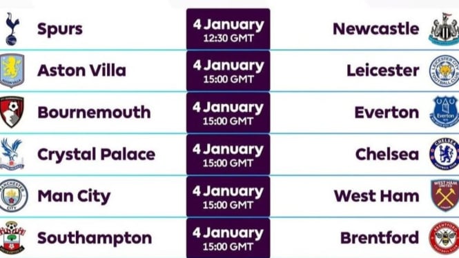 Jadwal Liga Inggris Pekan ke-20 4 Januari 2025