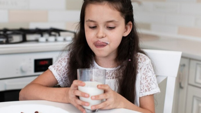 Seorang anak perempuan sedang meminum susu kambing