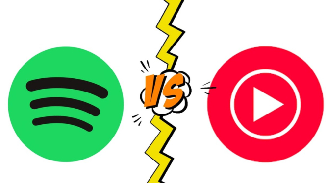 Kolase icon Spotify dan YouTube Music