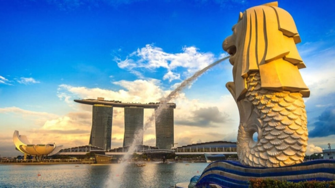 Ilustrasi negara Singapura dengan patung Merlion yang ikonik