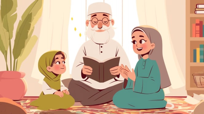 Ilustrasi Orang tua sedang mengajarkan niat puasa ramadhan