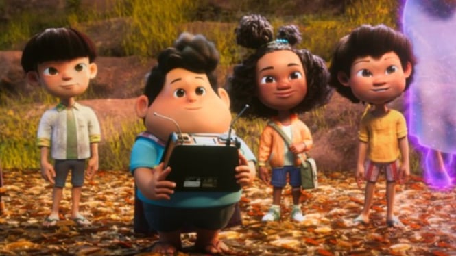 Cuplikan film Jumbo, Don dan Meri bersama tiga orang temannya. Don sedang memegang remote control