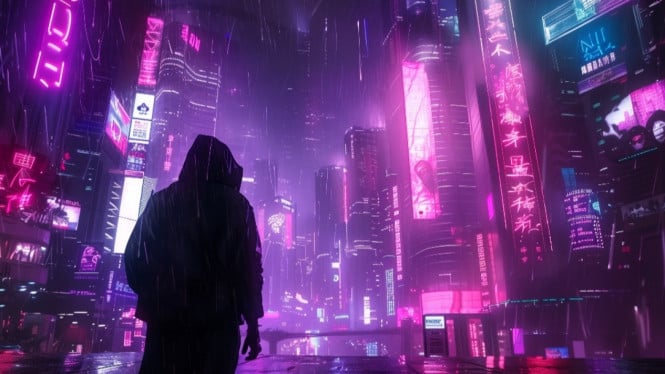 ilustrasi kota futuristik yang gelap dan usang, teknologi maju tapi?