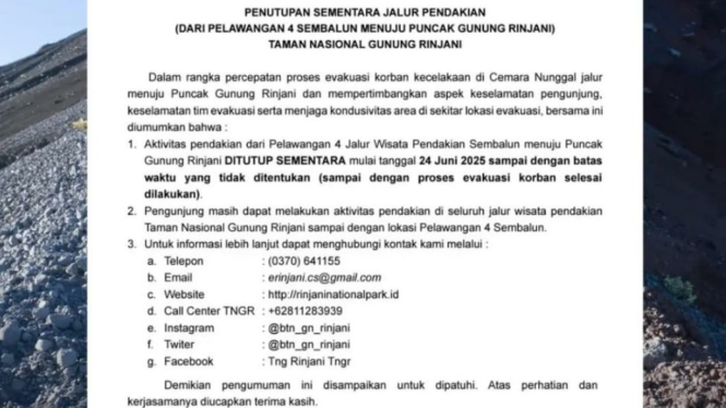 Penutupan jalur pendakian Gunung Rinjani