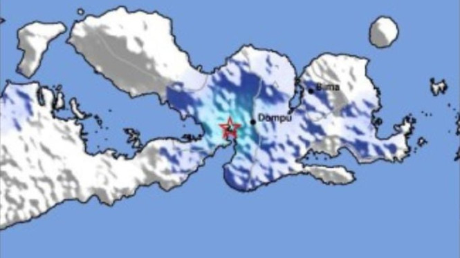 Peta titik gempa bumi M 4,8 guncang wilayah Pulau Sumbawa.