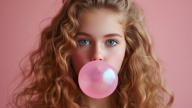 Gadis yang membuat balon dari permen karet