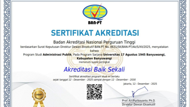 Administrasi Publik Untag Banyuwangi Raih Akreditasi Baik Sekali