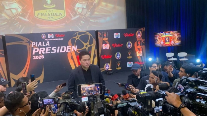 Ketua Umum PSSI Erick Thohir di SCTV Tower setelah hadiri jumpa pers Piala Presiden 2026.