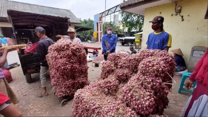 Para pekerja manata bawang merah ke pick up untuk di distribusikan.