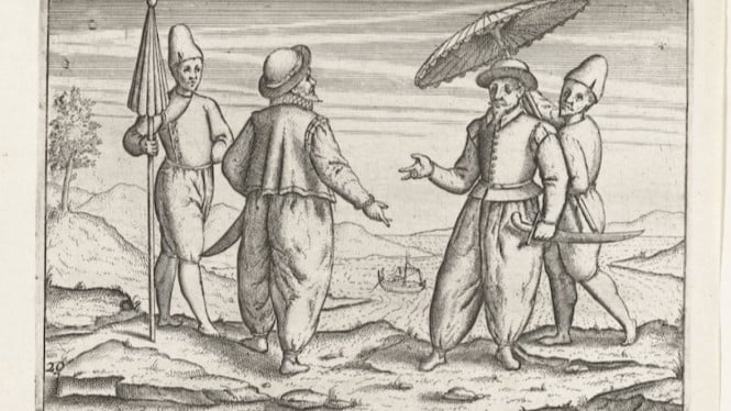 Dua pedagang Portugis dengan para kuli pembawa payung, 1596.