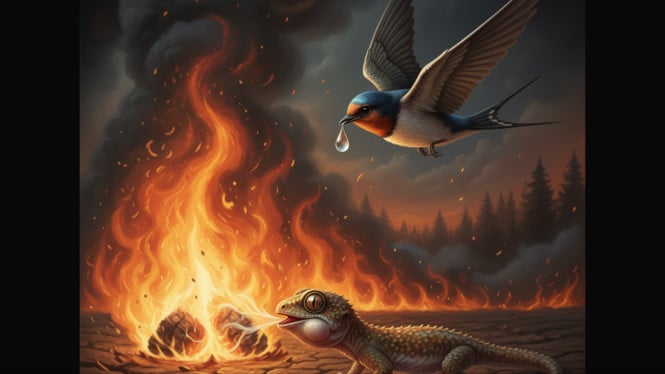 Ilustrasi Burung membawa air, cicak meniup api, simbol keberpihakan