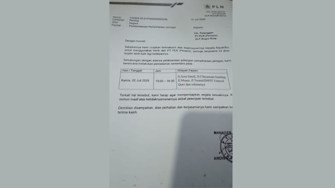 PLN Bogor Kembali Umumkan Pemeliharaan Jaringan, Sejumlah Wilayah Alami Pemadaman Terjadwal 2 Juli 2026