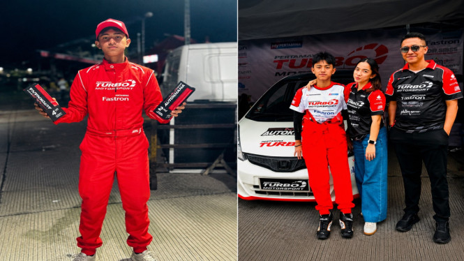 Pembalap muda Danesh Dario (kiri) berpose usai meraih tiga podium pada Seri 1 Kejurnas Autokhana 2026 di GOR Arcamanik, Bandung, Sabtu (11/7). Danesh